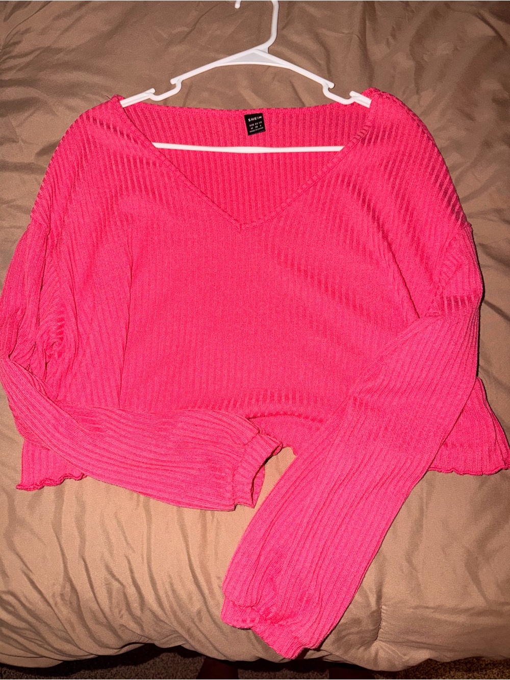 Pink Ribbed Cropped V Neck Sweater